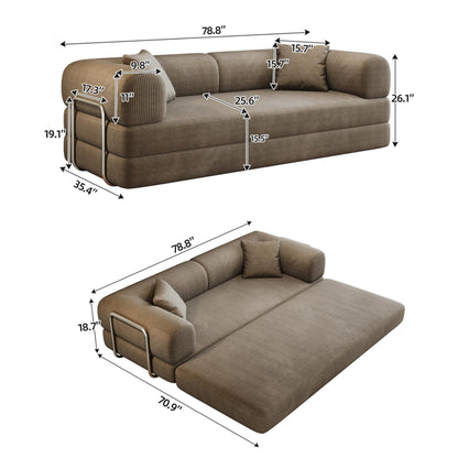 KEIKI 78.8 inch Compression Sofa, Convertible Floor Sofa Bed, Comfy Futon Couch Sleeper Bed, Corduroy Folding Loveseats for Living Room, Camel