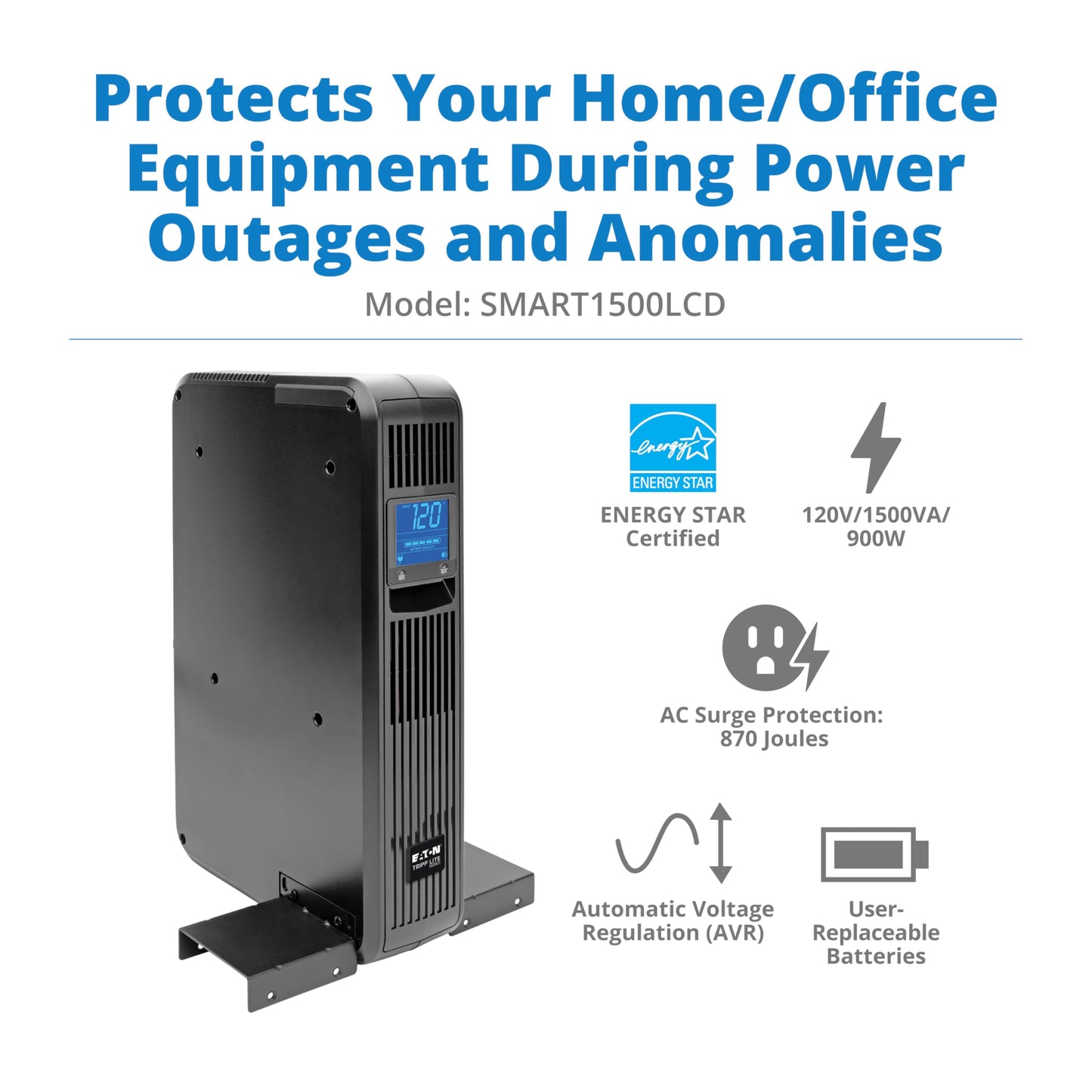 Tripp Lite 1000VA Smart UPS Battery Back Up, 500W Tower, 8 Outlets, LCD Display, AVR, USB, Tel / DSL / Coax Protection, 3 Year Warranty & $250,000 Insurance (SMART1000LCD) Black