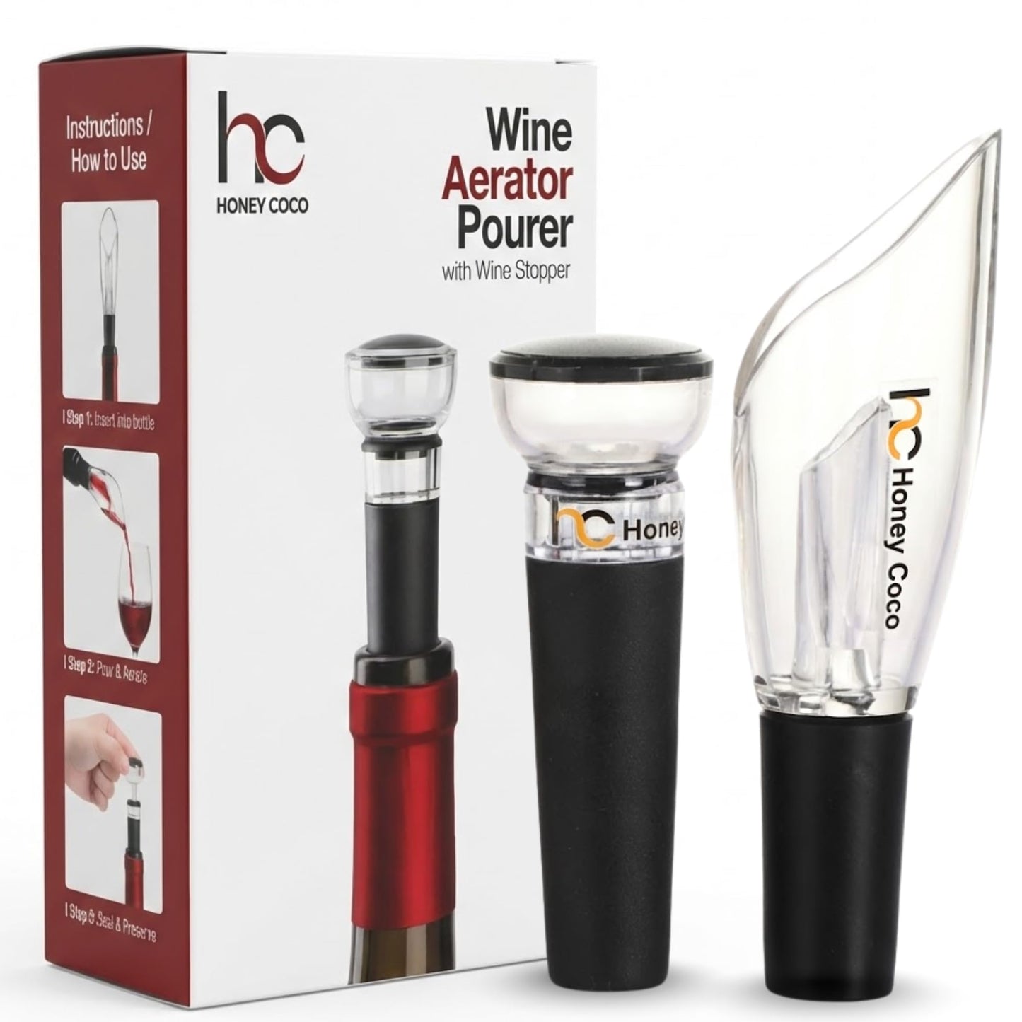 HC Honey Coco Wine Aerator Pourer + Vacuum Pump Stopper, 2-Piece Wine Saver Set, Drip-Free Pour Spout for Smoother Taste, Preserves Open Bottles, Gift-Ready Wine Accessories