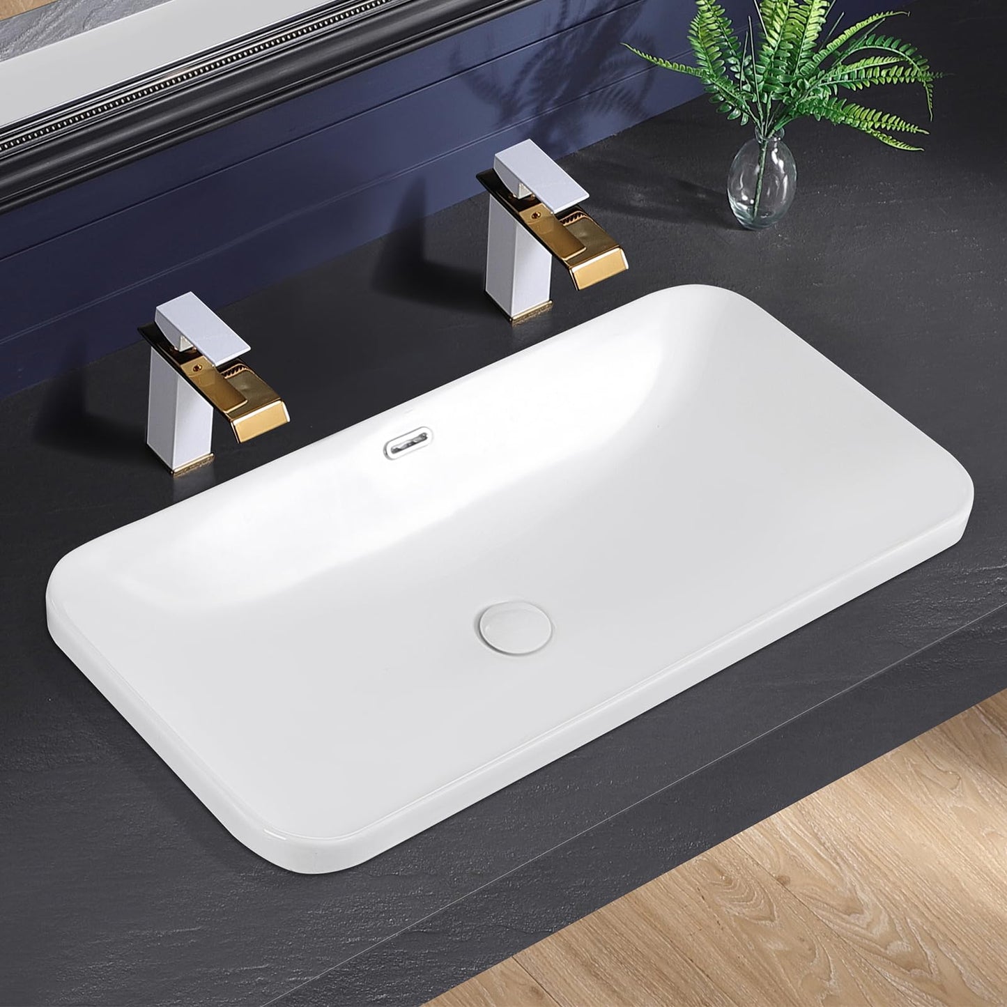 KMOEM Vessel Sink 32"x17" Semi Recessed Bathroom Sink Drop-in Bathroom Sink Support Dual Faucet Installation White Porcelain Ceramic Modern Rectangular Vanity Sinks with Overflow
