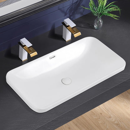 KMOEM Vessel Sink 32"x17" Semi Recessed Bathroom Sink Drop-in Bathroom Sink Support Dual Faucet Installation White Porcelain Ceramic Modern Rectangular Vanity Sinks with Overflow