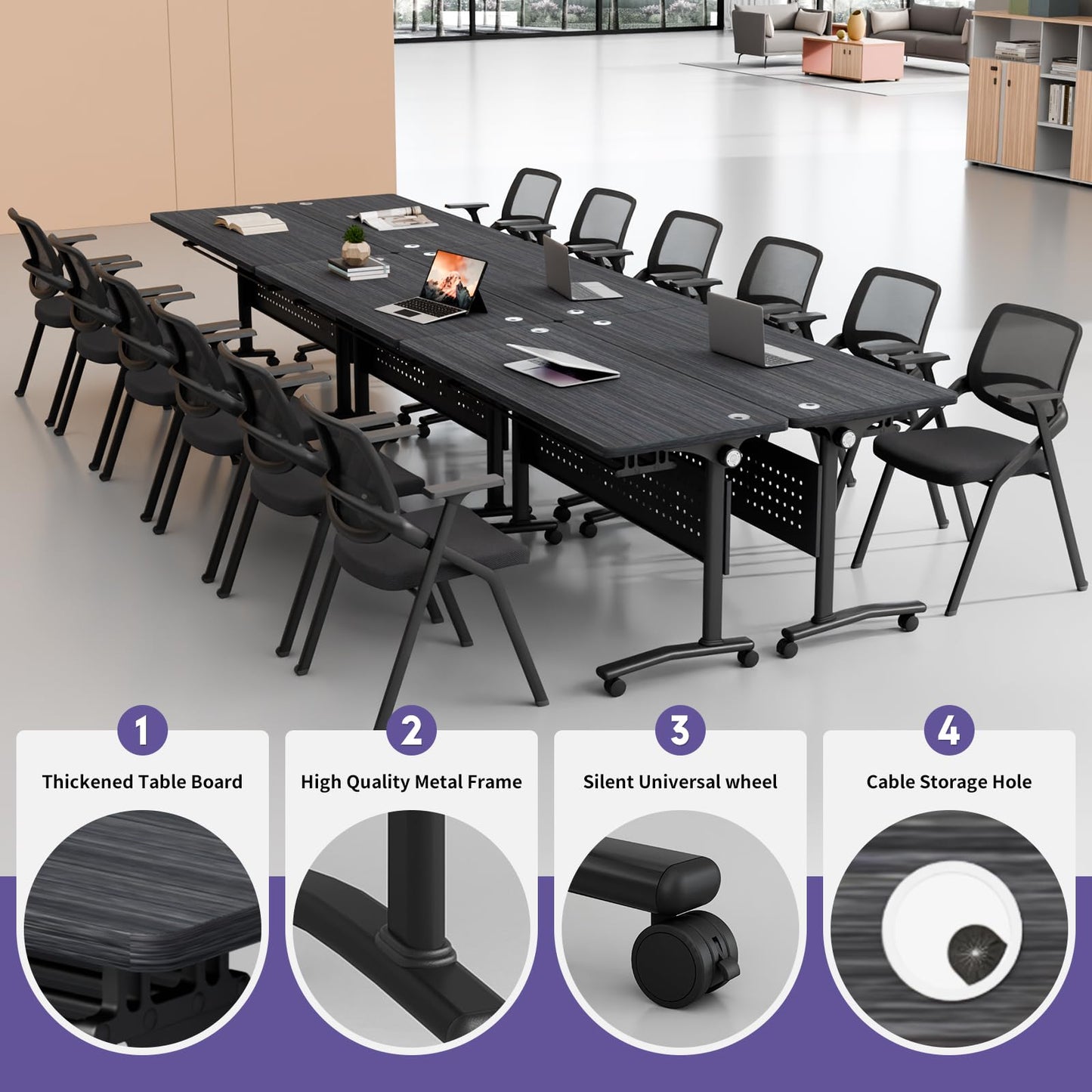 JNMDLAKO Folding Conference Room Table for 6-12 Person, Modular Mobile Large Flip-Top Training Table with Locking Wheels, Modern Rectangular Seminar Meeting Tables for Office (6, Black, 61in)