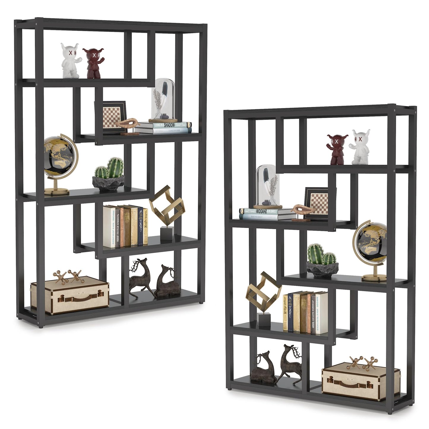 Tribesigns Way to Origin 6-Shelf Modern Bookshelf Set of 2, Industrial Etagere Bookcase, 69-Inch Tall Storage Display Staggered Shelves with Sturdy Metal Frame, Black