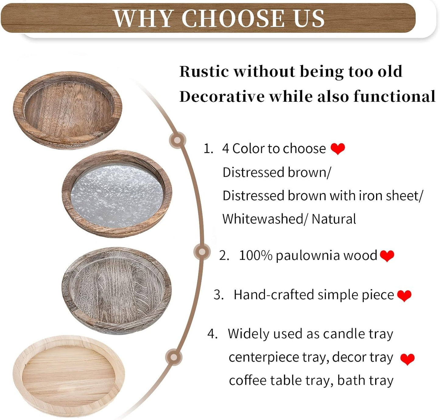 Hanobe Round Wood Decorative Tray, Unfinished Wooden Trays for Kitchen Countertop Crafts and Home Decor