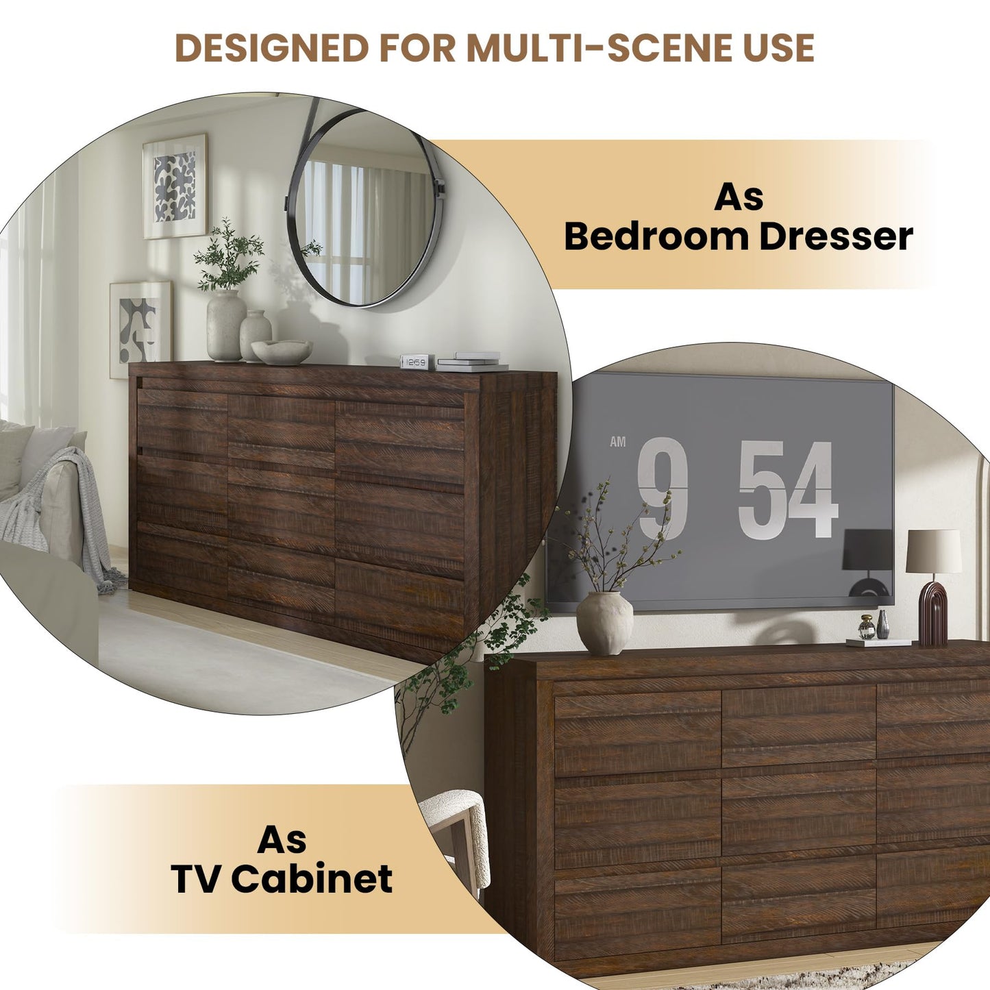 Garvee Modern 9 Drawer Dresser for Bedroom, Wide Chest of Drawers with Anti-Tipping Device, Wooden Storage Cabinet and TV Stand for Closet, Living Room or Hallway,Brown