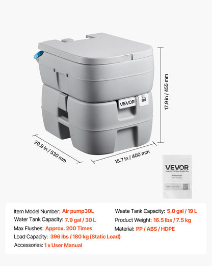 VEVOR Portable Toilet, 7.9 Gal Detachable Waste Tank & 5 Gal Flush Tank, 200 Flushes, Camping Toilet for Adults, Outdoor Porta Potty with Level Indicator, Suitable for RV Travel, Camping, Hiking