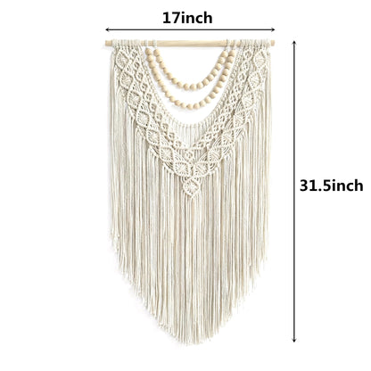 guzhiou Macrame Wall Hanging Boho Geometric Woven Tapestry Cotton Handmade Bohemian Art Decor with Wood Bead Wall Decor for Bedroom Living Room Apartment Nursery 31.5" L x 17" W (Wood bead-B)