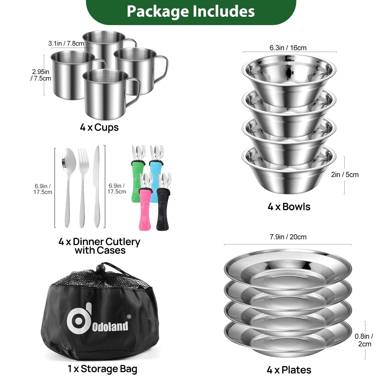 Odoland 29pcs Stainless Steel Utensils Camping Mess Kits with Bowls Plates Cups Forks Spoons and Knives for 4, Camping Cutlery Set for Backpacking, Outdoor Hiking and Picnic