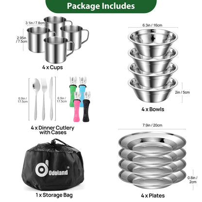 Odoland 29pcs Stainless Steel Utensils Camping Mess Kits with Bowls Plates Cups Forks Spoons and Knives for 4, Camping Cutlery Set for Backpacking, Outdoor Hiking and Picnic