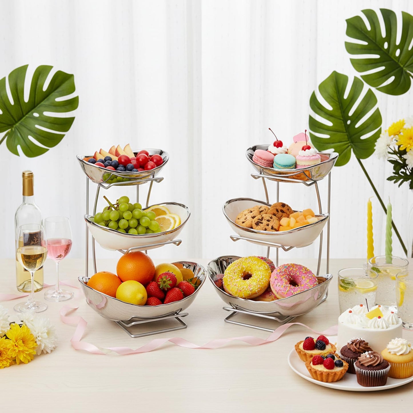 Goaste 3 Tier Ceramic Fruit Bowl, Oval Tiered Serving Bowl Set, Porcelain Fruit Basket with Metal Stand, Large Detachable Fruit Storage Holder Rack for Kitchen Counter, Vegetable, Cake, Dessert, Salad