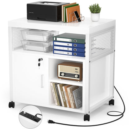Unikito Rolling File Cabinet Lateral Office Filing Cabinets with Socket and USB Charging Port, Modern Printer Stand on Wheels, Printer Cabinet with Door and Open Storage, Lockable, White