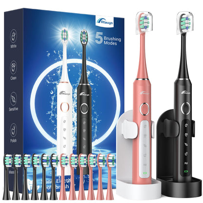 Rtauys M5 Sonic Electric Toothbrush for Adults and Kids - Rechargeable Electric Toothbrush Kids Ages 12+ and Adults with 8 Brush Heads & Travel Case, 120 Days Battery Life - Pink