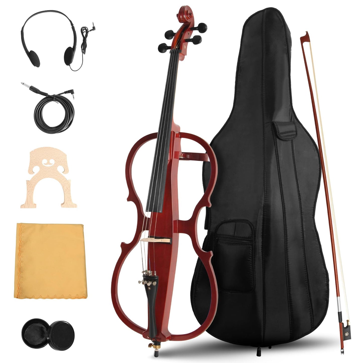 Ceciliec Electric Cello, 4/4 Full Size Silent Cello with Headphone Jack & Carry Bag, Professional Cello for Beginners/Adults