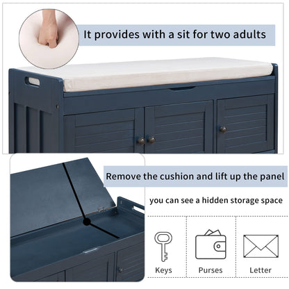 GDFStudio Jasd Storage Bench with 3 Shutter-Shaped Doors, Shoe Bench with Removable Cushion and Hidden Storage Space, Large Organizer Space, Wooden Foot Rest for Living Room Entryway, Antique Navy