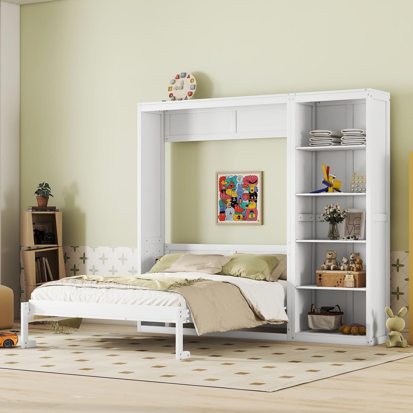 GDFStudio Veatch Wooden Frame Queen Size Bed, Queen Size Murphy Bed with Shelves, Folding Wall Beds with 5 Storage Cabinets, Space Saving, Folded into Cabinet for Guest Room Living Bedroom, White