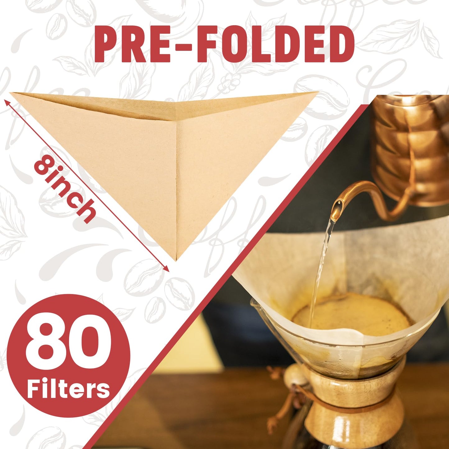 Phyyixs Pre-Folded Unbleached Cone Coffee Filters – Premium Thick Paper, Compatible with Chemex Pour-Over Brewers (80 Filters)