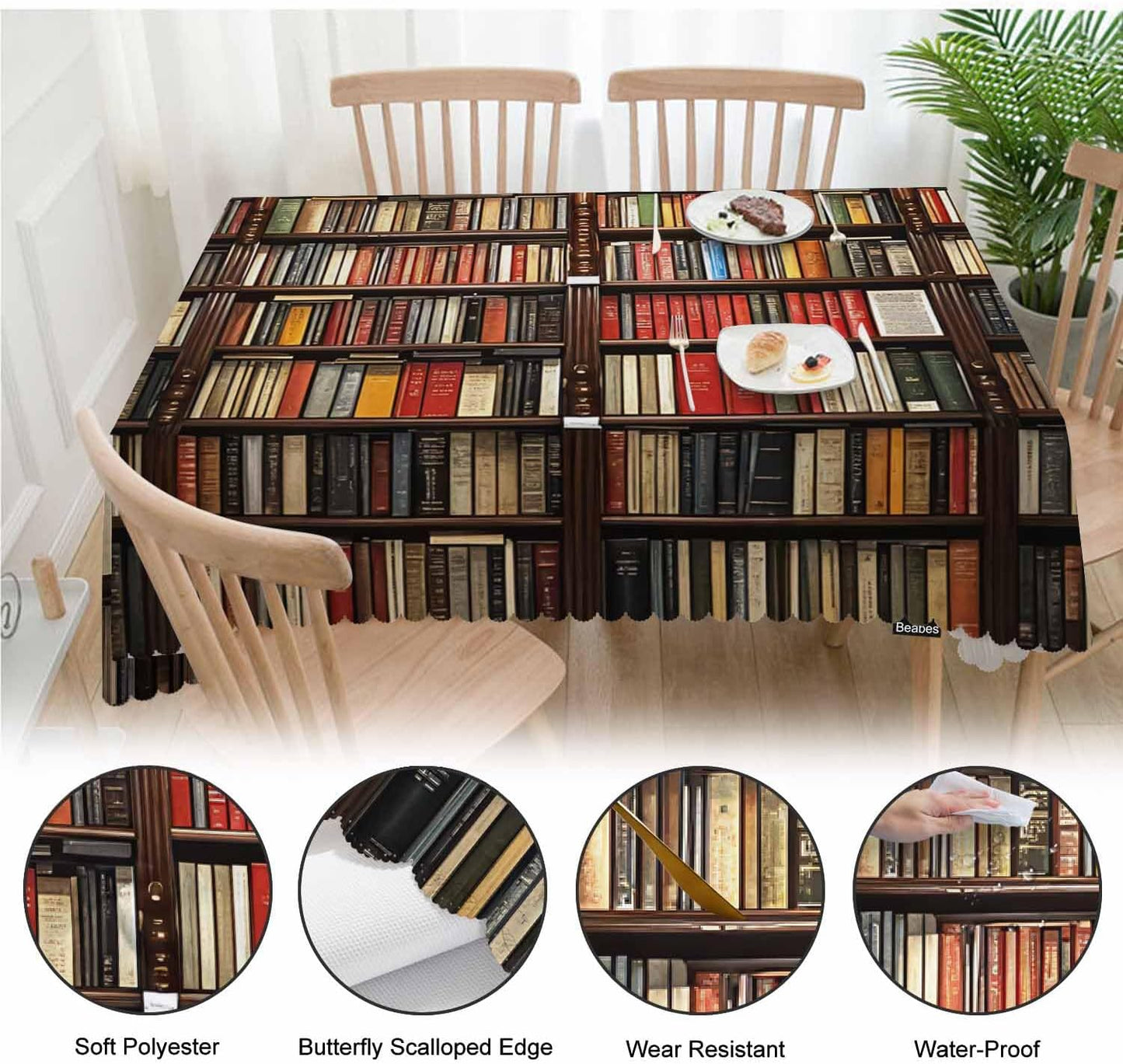 Beabes 52x70 Inch Tablecloth Bookshelf, Library Bookshelves Books Rectangular Table Cover Kitchen Table Cloth