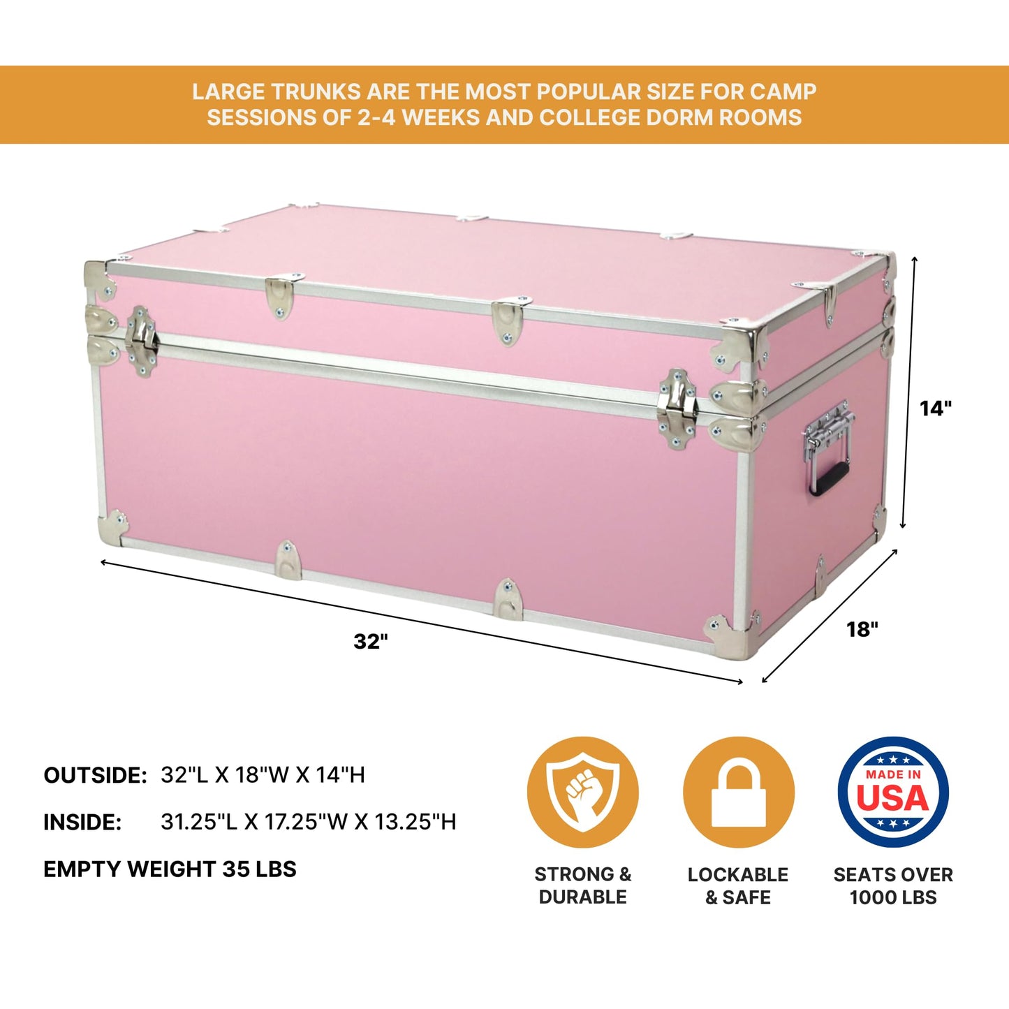 Large Essential Trunk With Wheels, Tray, & Lid Organizer - 32"x18"x14", 1000+ lbs Capacity. Strong, USA Made Summer Camp Footlocker, and Secure College Dorm Storage Chest