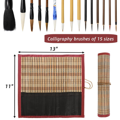 Eorbow 16 Pieces Chinese Calligraphy Brush Set, Sumi Brushes with Roll-up Bamboo Holder, Sturdy Japanese Watercolor Painting Writing Brushes, Kanji Art Drawing Brushes for Beginners
