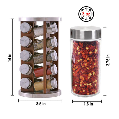 Orii 20 Jar Rotating Dark Acacia Wood Spice Rack with Spices Included & 5-Year Spice Refill Program – Rustic Wood Countertop Spice Rack with Glass Jars