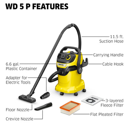 KÄRCHER Shop Vacuum WD 5 P, 6.6 Gal, 6.0 Peak HP, 33 ft Reach, Wet Dry Vacuum Cleaner, Heavy Duty, Blower Function, Crevice Tool, Floor Nozzle, Great for DIY Projects and Workshops