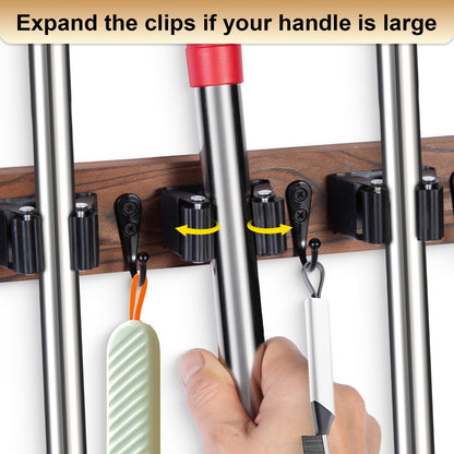 FunCee Broom Holder Wall Mount With 5 Slots & 4 Hooks，Rustic Wood Broom & Mop Hanger，Wall Mounted Garden & Garage Tool Storage Organizer Rack for Closet Laundry Room or Kitchen Wall Decor