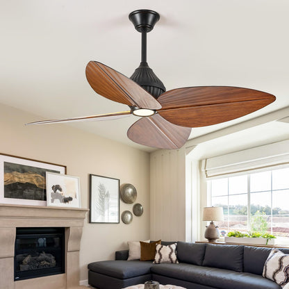 Fanyank 52“ Leaf Ceiling Fan with Light, Remote and App Control, 6 Speed Reversible, 3 Color Dimmable, Tropical Coastal Fandelier Ceiling Fans, for Bedroom, Living Room (Dark Brown)