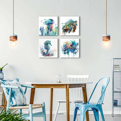 16x16" 4P Sea Turtle Bathroom Decor Ocean Animals Canvas Wall Art Nautical Theme Teal Octopus Pictures Nursery Kids