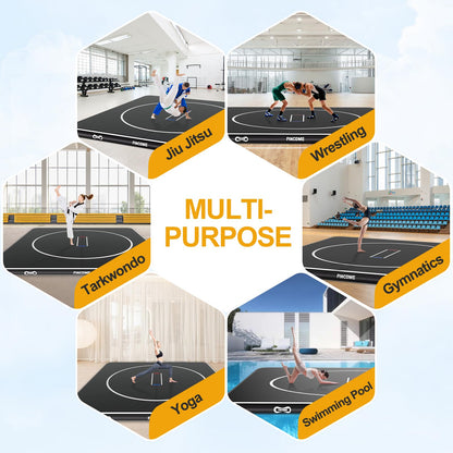 FINCOME Inflatable Wrestling Mat 16ft/13ft/10ft, 4" Thick Foldable Jiu Jitsu Mats Wrestling Mats for Home Outdoor Indoor, Waterproof PVC Mat for Gymnastics, BJJ, MMA, Grappling, Judo, Boxing, 10ft*10ft*4inch