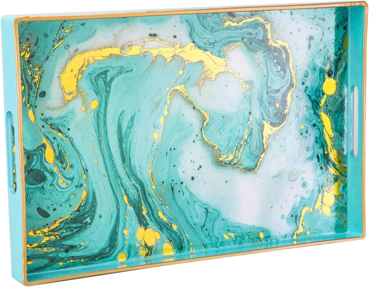 15.6" 10.2" Zosenley Decorative Tray, Marbling Plastic Tray with Handles, Rectangular Vanity Tray and Serving Tray