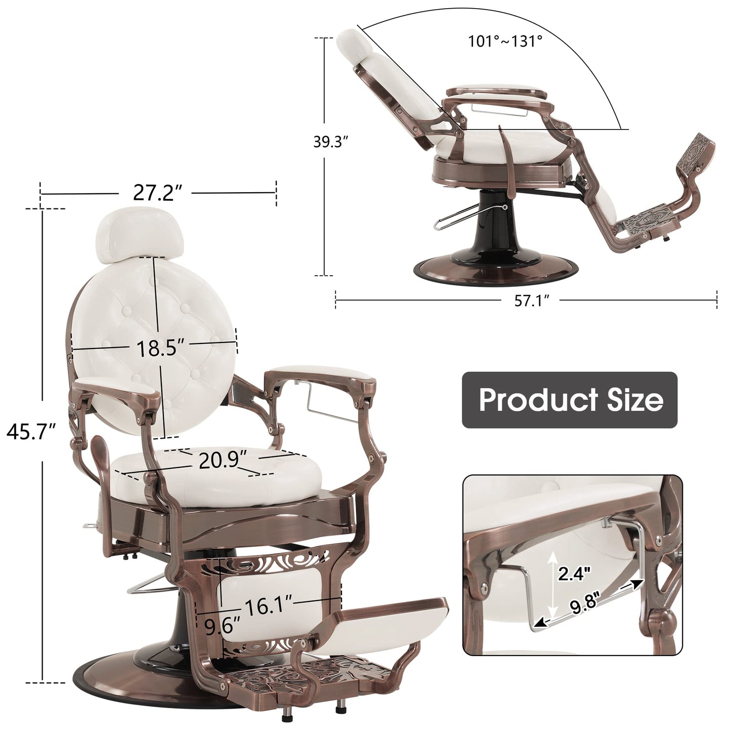BarberPub Heavy Duty Metal Vintage Barber Chair All Purpose Hydraulic Recline Salon Beauty Spa Chair Styling Equipment 8914 (White with Reddish Bronze Frame)