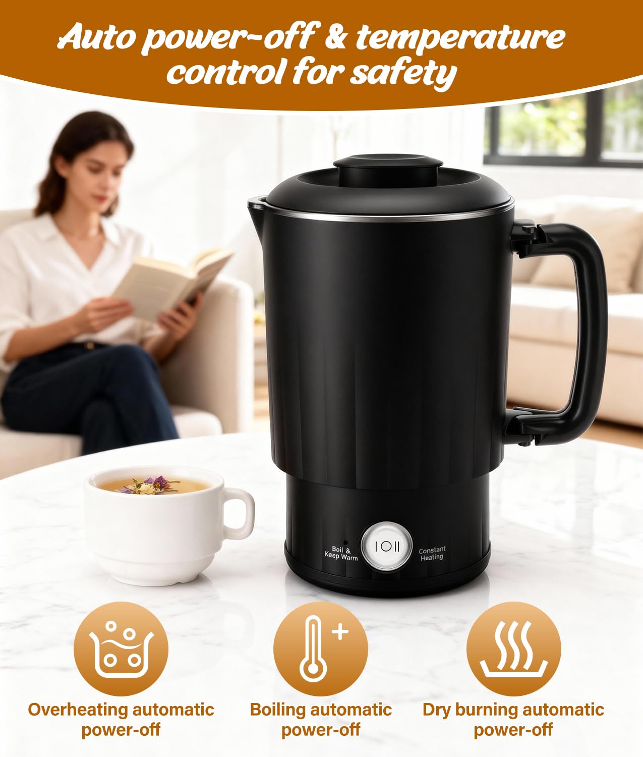 Portable Travel Electric Kettle, 600ML Small Water Kettle with Ceramic Cup, 304 Stainless Steel Water Boiler with Dual Power Control, Compact Design for Camping, RV, Business Trip & Hotel Stays, Black