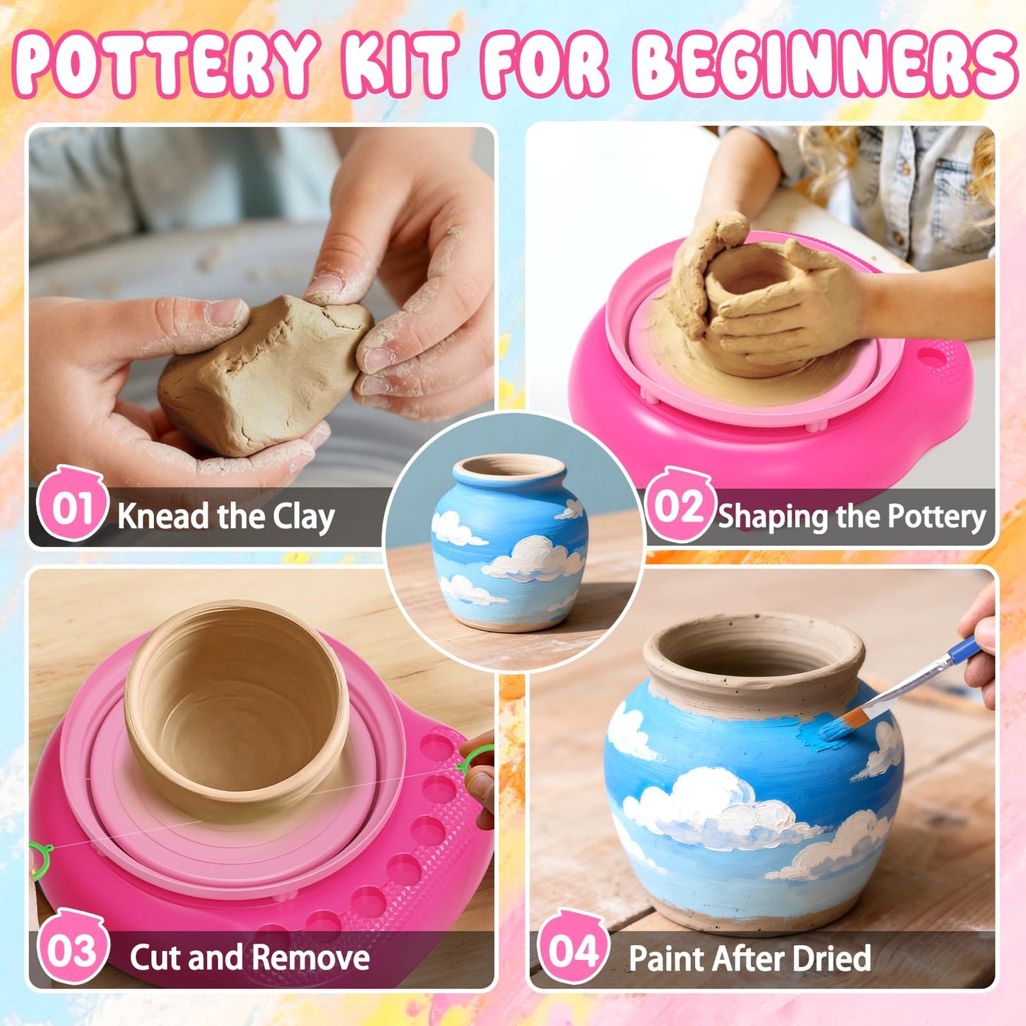 Pottery Wheel for Kids Complete DIY Pottery Painting Kit, Arts and Crafts for Kids Ages 8-12 with 3 Air-Dry Clay Packs and Tools, Art Supplies Toys Birthday Easter Gift for Boys Girls 6+ Years Old