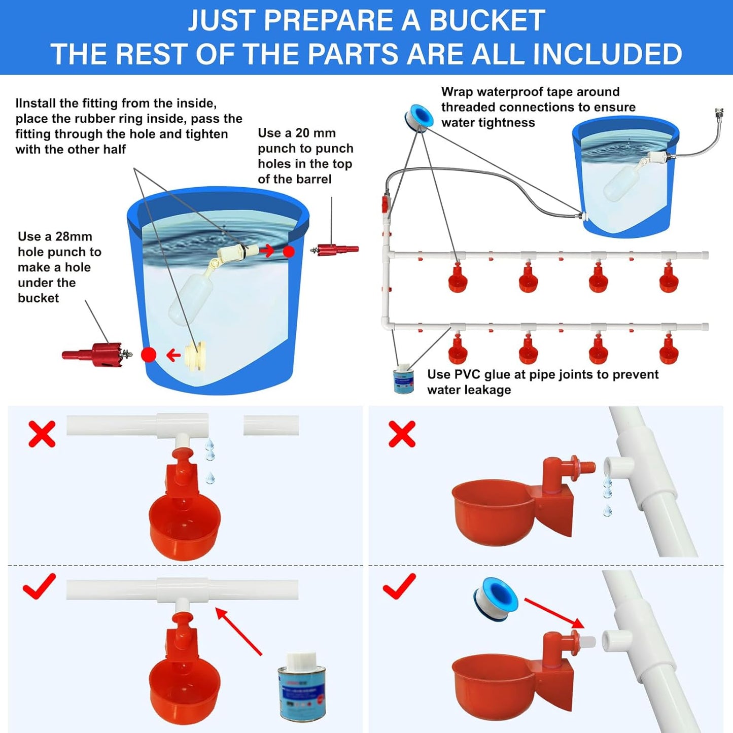 Set 304 Complete Pipeline Automatic Chicken Waterer System with PVC Pipeline and Stainless Steel Hose, Chicken Water