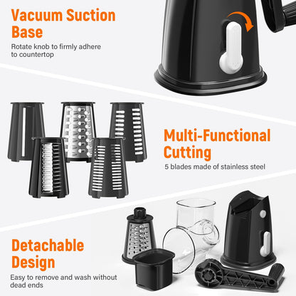 SpaceHacks Rotary Cheese Grater Hand Crank, with 5 Blades for Chopper Shredder Spiralizer Slicer for Vegetable Cheese Fruit, Food Chopper for Kitchen with Blades Storage Box & Suction Base (Black)
