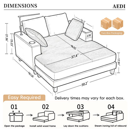 AEDI Oversized Chaise Lounge Chair with Reading Light & USB Charging,Sleeper Sofa with Cup Holder, Solid Wood Frame,for Living Room,Bedroom(Corduroy Beige)