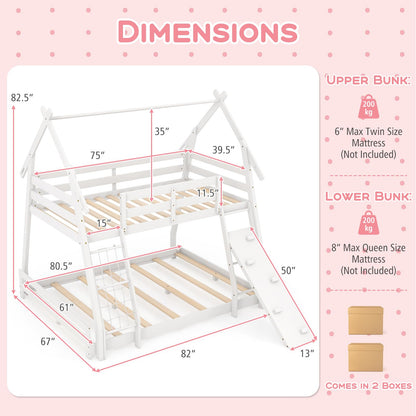 Costzon Twin Over Queen Bunk Bed, House Shaped Bed Frame with Climbing Nets and Ramp, Safety Guardrail, No Box Spring Needed, Wooden Kids Bed for Boys Girls (White, Twin Over Queen)