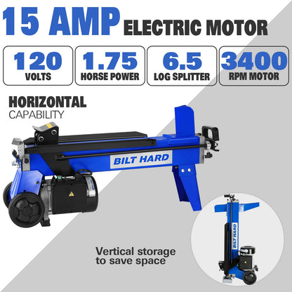 BILT HARD 6.5 Ton Electric Log Splitter with Stand - 15 Amp Motor Wood Splitter with Hydraulic Ram, Electric Firewood Splitting Machine Firewood Processing, Home Heating, and Yard Maintenance