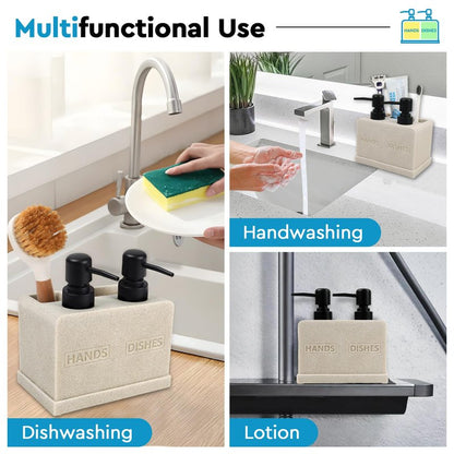 Hand and Dish Soap Dispenser Set for Kitchen Sink,Dual Soap Dispenser with Sponge Caddy and Brush Holder 4-in-1 Countertop Organizer for Kitchen Bathroom,Useful Kitchen Gadgets-Beige