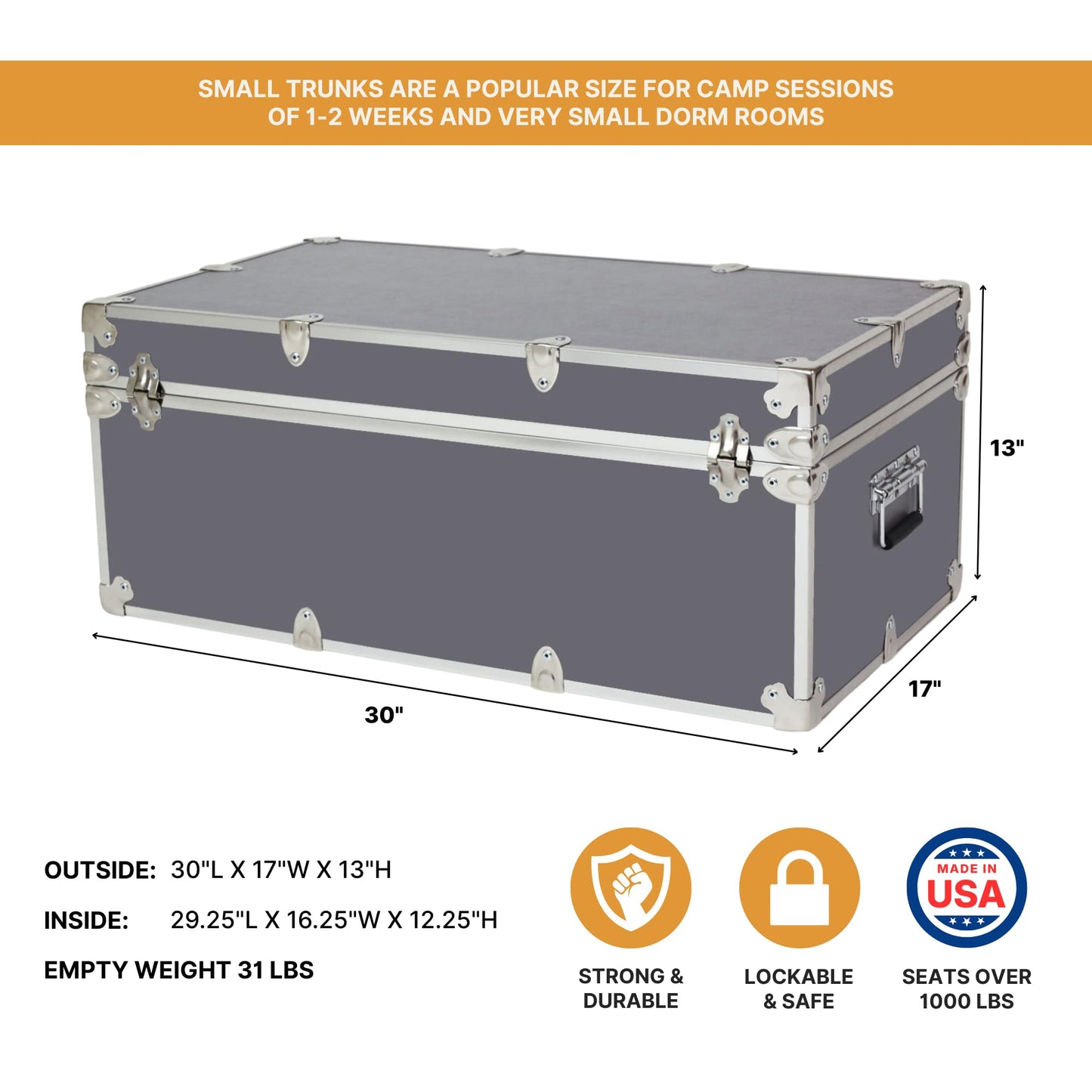 Rhino Trunk & Case Small Essential Trunk With Wheels, Tray, & Lid Organizer - 30"x17"x13", 1000+ lbs Capacity. Strong, USA Made Summer Camp Footlocker, and Secure College Dorm Storage Chest