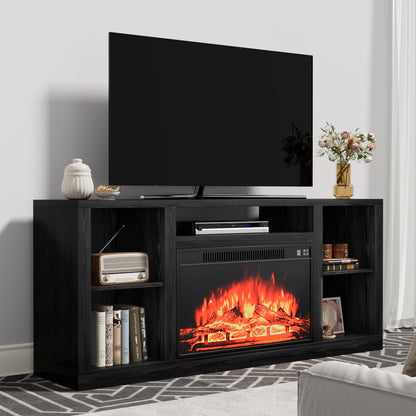 YESHOMY Electric Fireplace TV Stand for Televisions up to 65+ Inch, Media Entertainment Center Console Table with Four Open Storage Shelves & Cabinets, 58 Inch, Dark Black