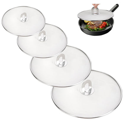 MOAMUN 4PCS Splatter Screen for Frying Pan, Stainless Steel Grease Splatter Guard, Hot Oil Splatter Screen with Foldable Knob, Ultra-Fine Mesh No Burns Keeps Kitchen Clean(8", 10", 11.5", 13")