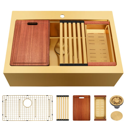 Rhbamoa 33 Inch Gold Farmhouse Sink,16 Gauge T304 Gold Single Bowl Apron Front Kitchen Farm Sink,10 Inch Depth Topmount Farmhouse Kitchen Sinks with All Golden Accessories