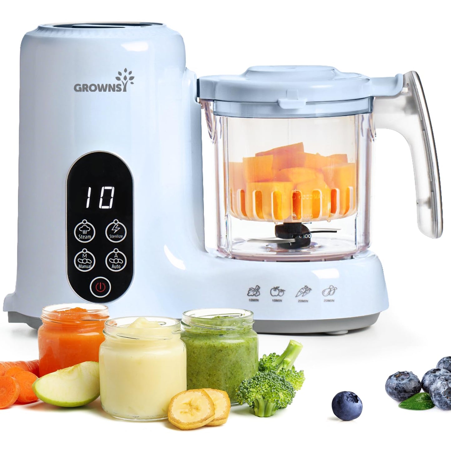 Grownsy Baby Food Maker with Steam Basket, One Step Baby Food Processor Steamer Puree Blender Grinder Mills Machine, Auto Cooking Grinding and Sterili-zing for Healthy Homemade Baby Food, Blue