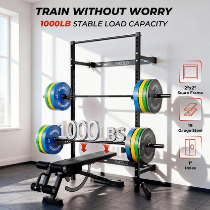 Mikolo 2" x 2" Folding Wall Mounted Squat Rack, 1000 Pounds Capacity Power Rack with Safety Catches, Pull Up Bar, J Hooks and Landmine Attachment, Space-Saving Home Gym(Black