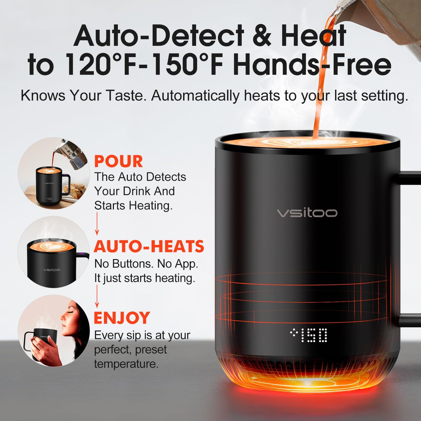 Vsitoo S3 12oz Heated Mug - Temperature Control Smart Mug with Mug Warmer, Perfect for Espresso, Auto-Sensing AI Heats Drinks to 120-150°F Hands-Free.Ideal for Home/Office/Gifts，Black