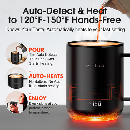 Vsitoo S3 12oz Heated Mug - Temperature Control Smart Mug with Mug Warmer, Perfect for Espresso, Auto-Sensing AI Heats Drinks to 120-150°F Hands-Free.Ideal for Home/Office/Gifts，Black