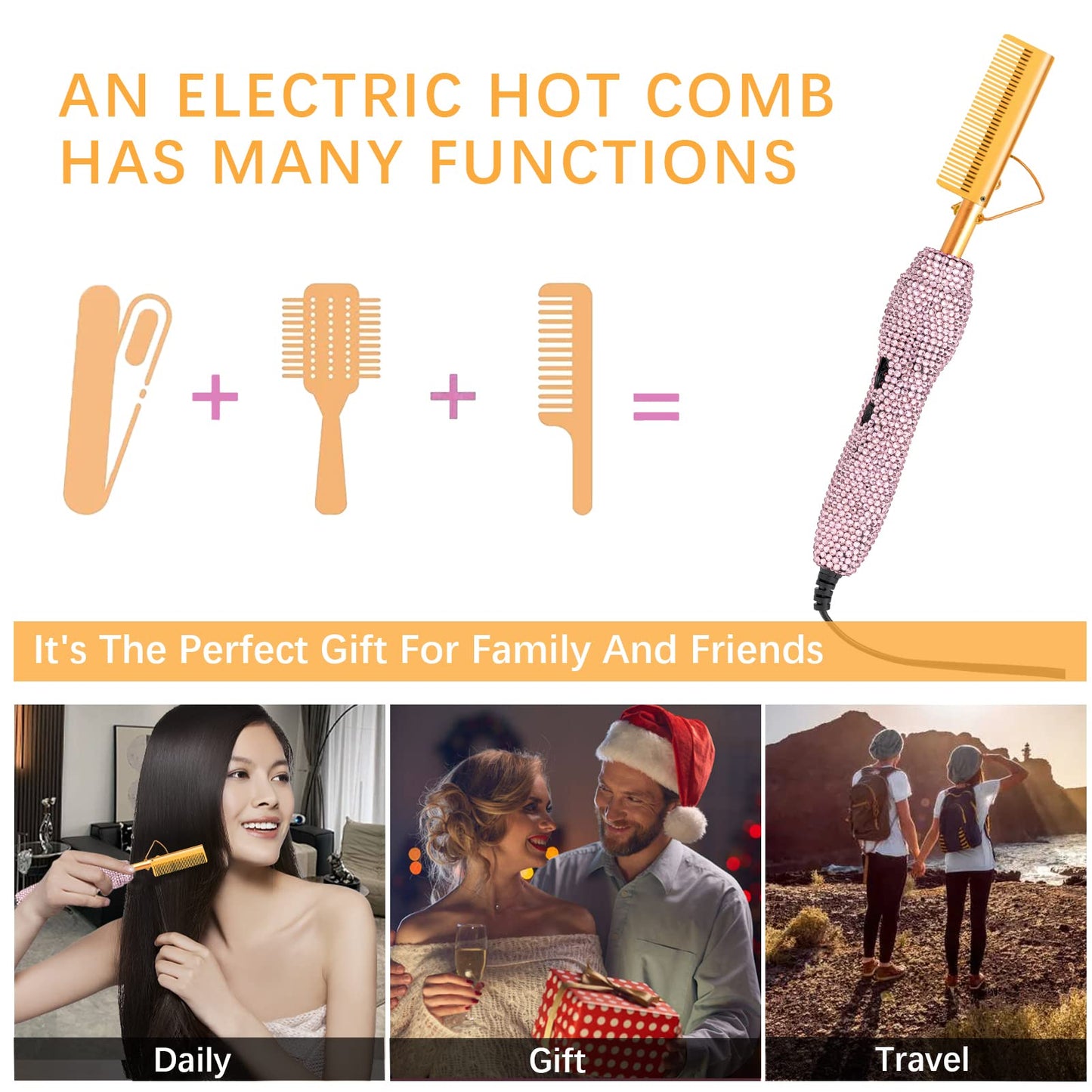 Electric Hot Comb Hair Straightener, Deluxe Electrical Straightening Comb Curling Iron for Natural Black Wigs, Hot Comb Electric for Wigs Pressing Combs with Wig Glue Melting Spray Hair Wax Stick