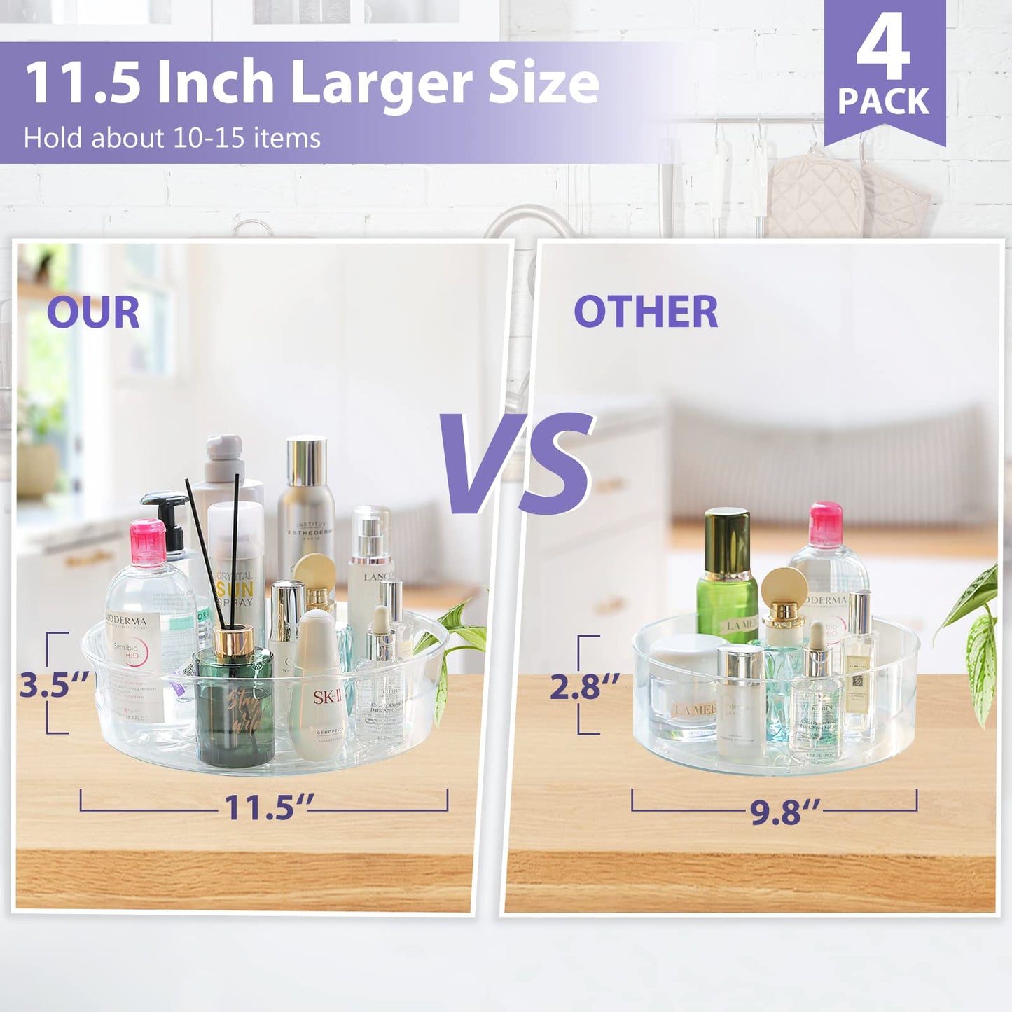 GUZON 4 Pack Lazy Susan Organizer for Cabinet, Upgraded 11.5" Clear Turntable Organizer with Handles and Raised Edge, Lazy Susan for Table Top, Pantry Organizers and Storage for Kitchen, Refrigerator