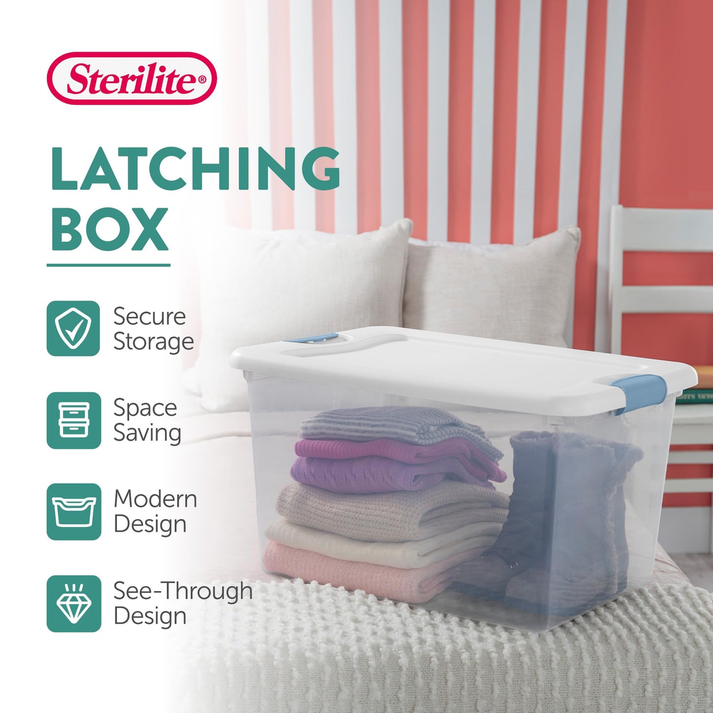 Sterilite 16 Pack Latching Box, 64 Qt Plastic Storage Container, Stackable Large Home or Office Tote Organizers with Secure Lids, White